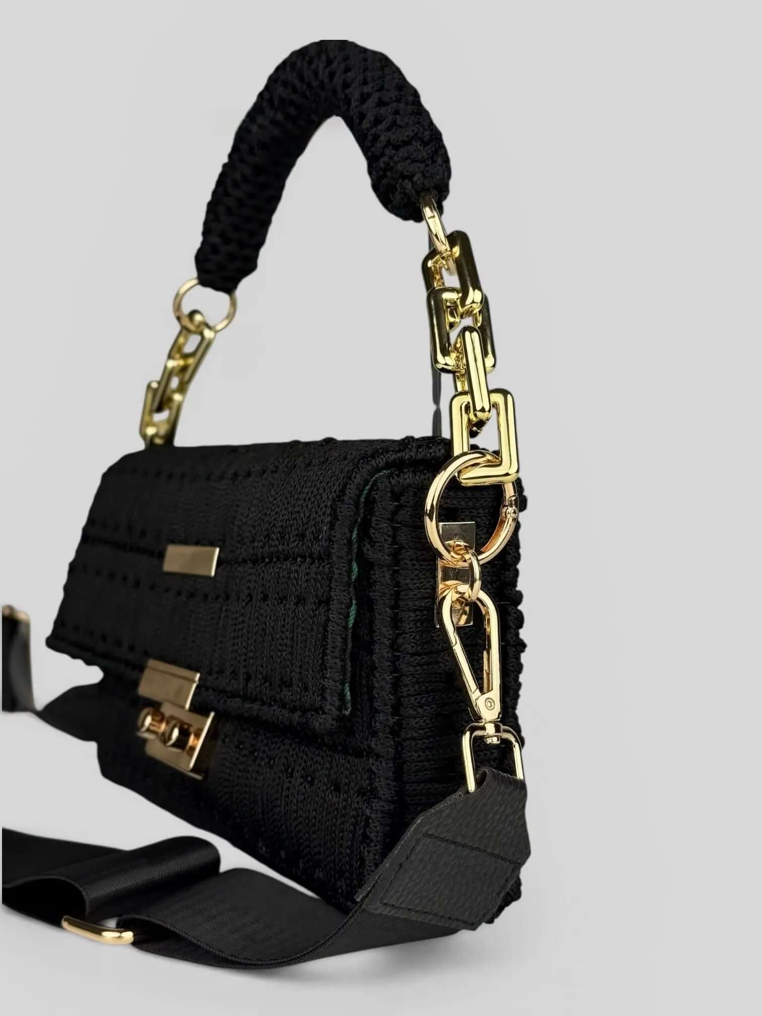 Aurora Black is a luxury handmade macrame designer bag with gold chain handle by CATTLEYA.Y