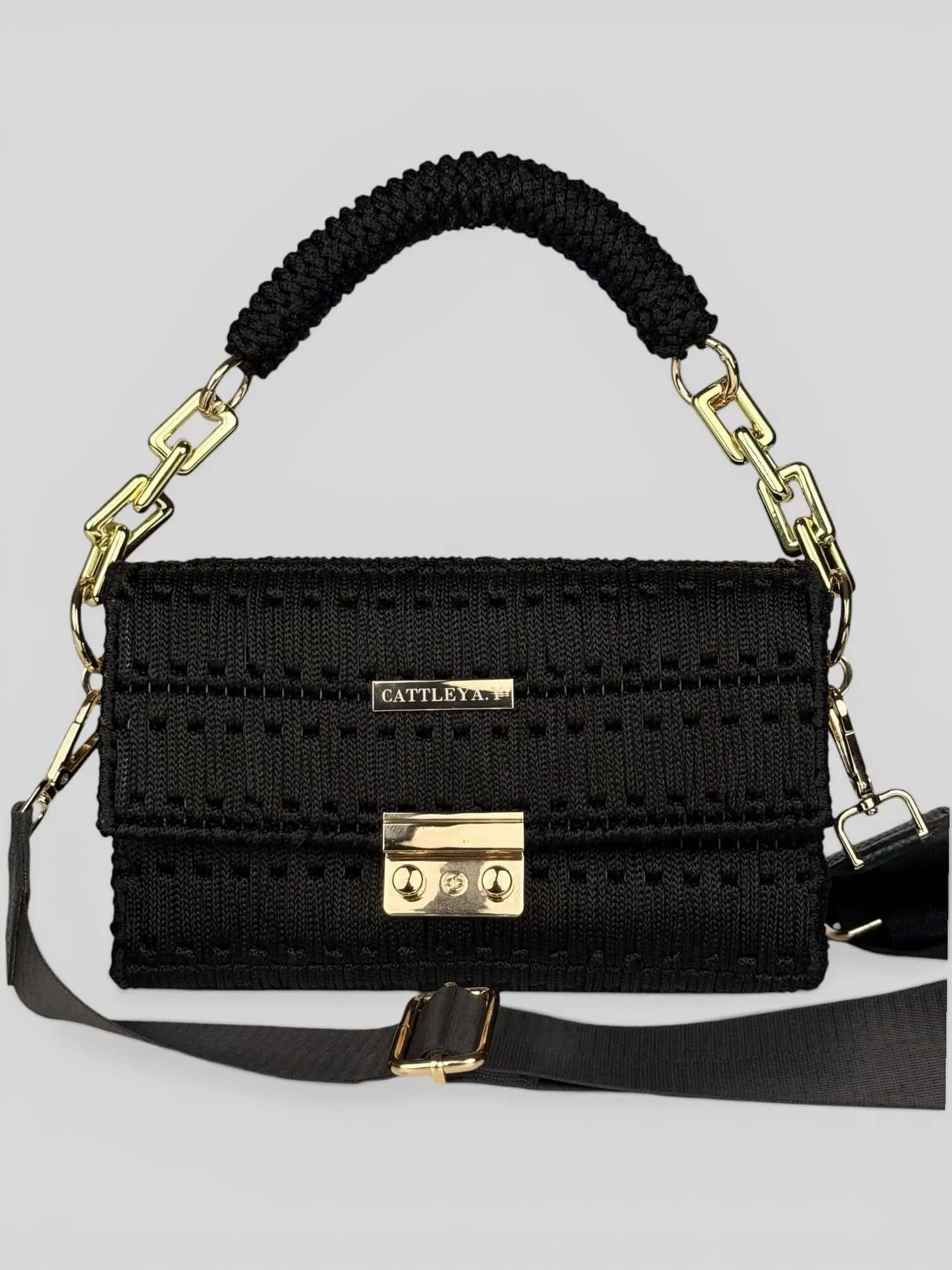 Aurora Black is a luxury handmade macrame designer bag by CATTLEYA.Y front view
