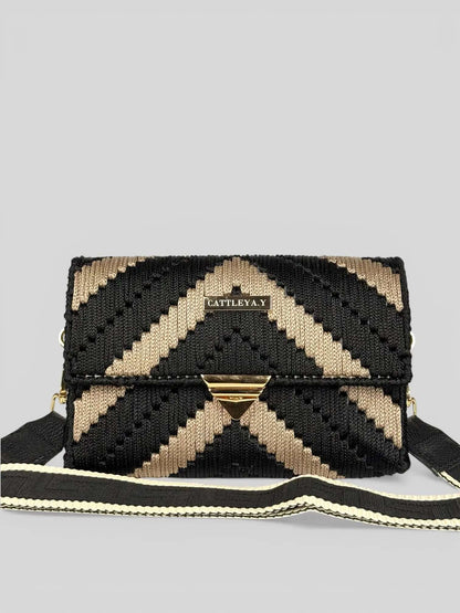Aurora is a luxury handmade macrame designer bag. It is with black and sand chevron pattern by CATTLEYA.Y