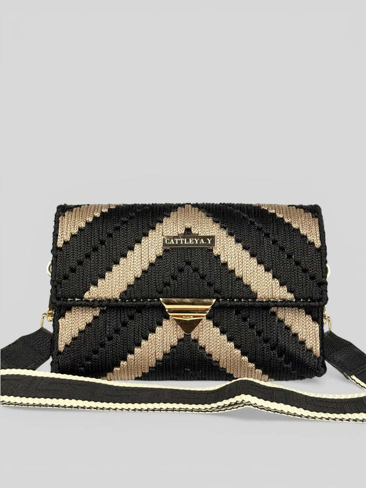 Aurora is a luxury handmade macrame designer bag. It is with black and sand chevron pattern by CATTLEYA.Y