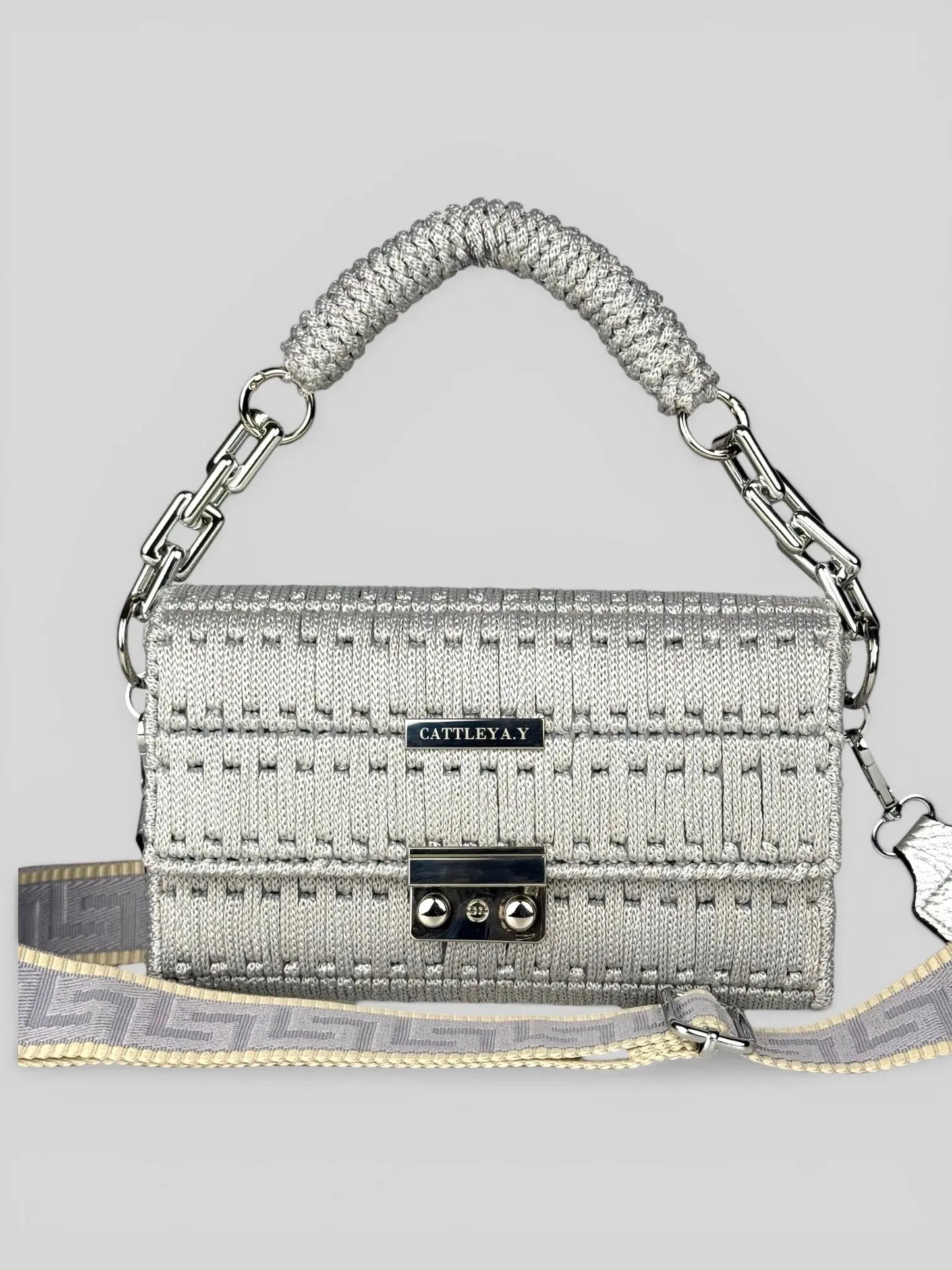 Aurora Silver is a luxury handmade macrame designer bag by CATTLEYA.Y front view