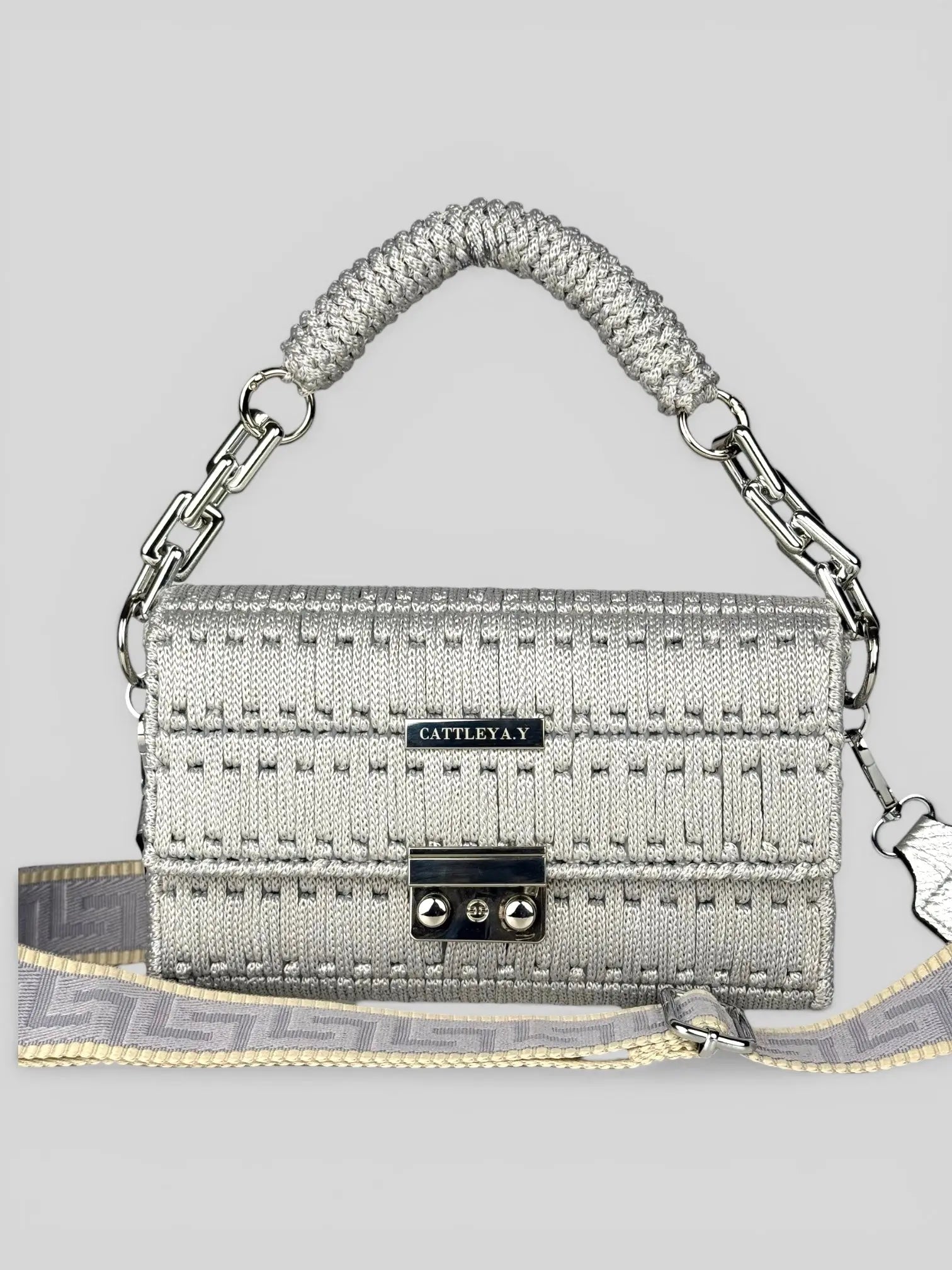 Aurora Silver is a luxury handmade macrame designer bag by CATTLEYA.Y front view