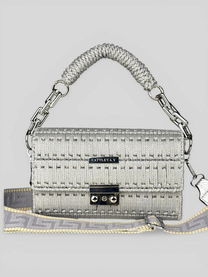 Aurora Silver is a luxury handmade macrame designer bag by CATTLEYA.Y front view