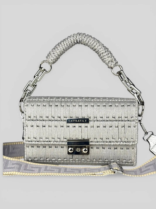Aurora Silver is a luxury handmade macrame designer bag by CATTLEYA.Y front view