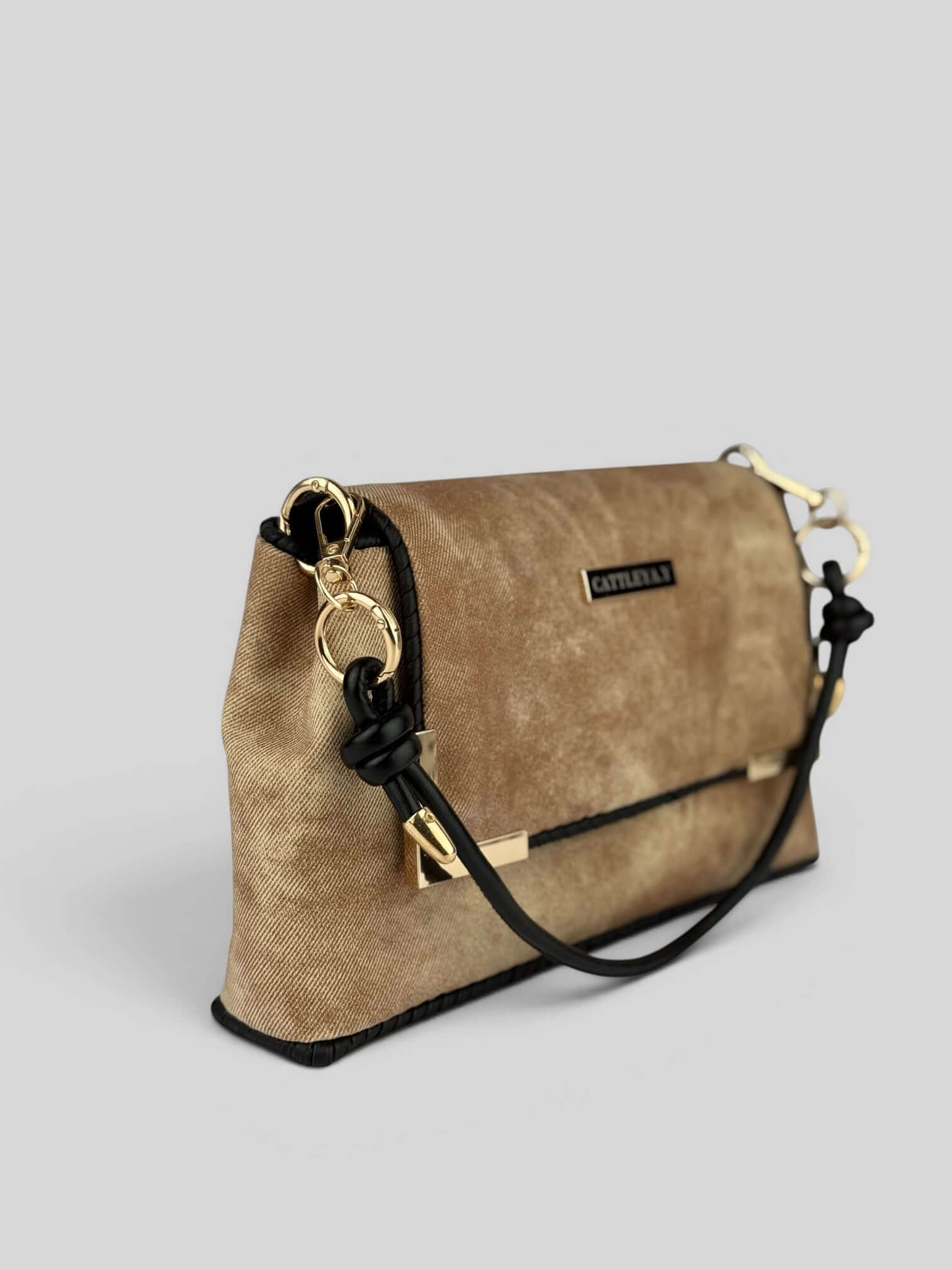 Denim Beige bag side view with strap.
Denim Beige is a Luxury Handmade Designer Bag by CATTLEYA.Y