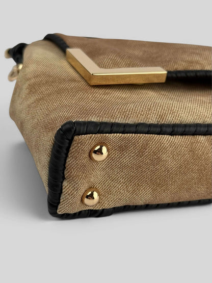 Bottom detail of Denim Beige bag with gold studs and black accents. Denim Beige is a Luxury Handmade Designer Bag by CATTLEYA.Y