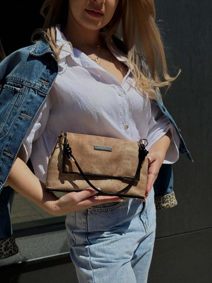 Denim Beige handmade designer bag by CATTLEYA.Y front view with metal details