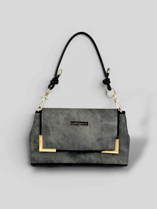 Denim Graphite luxury bag front view.
Denim Graphite is a Luxury Handmade Designer Bag by CATTLEYA.Y