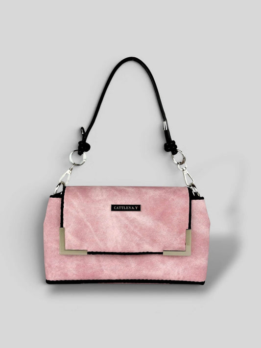 Denim Pink luxury bag front view.
Denim Pink is a Luxury Handmade Designer Bag by CATTLEYA.Y
