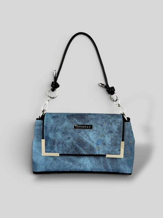 Denim Sky luxury bag front view.
Denim Sky is a Luxury Handmade Designer Bag by CATTLEYA.Y
