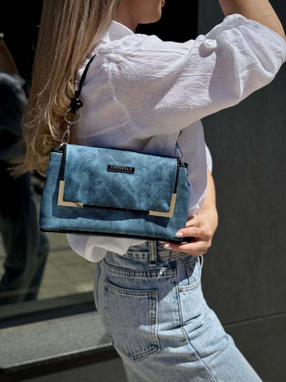 Denim Sky luxury handmade designer bag by CATTLEYA.Y lifestyle look with model