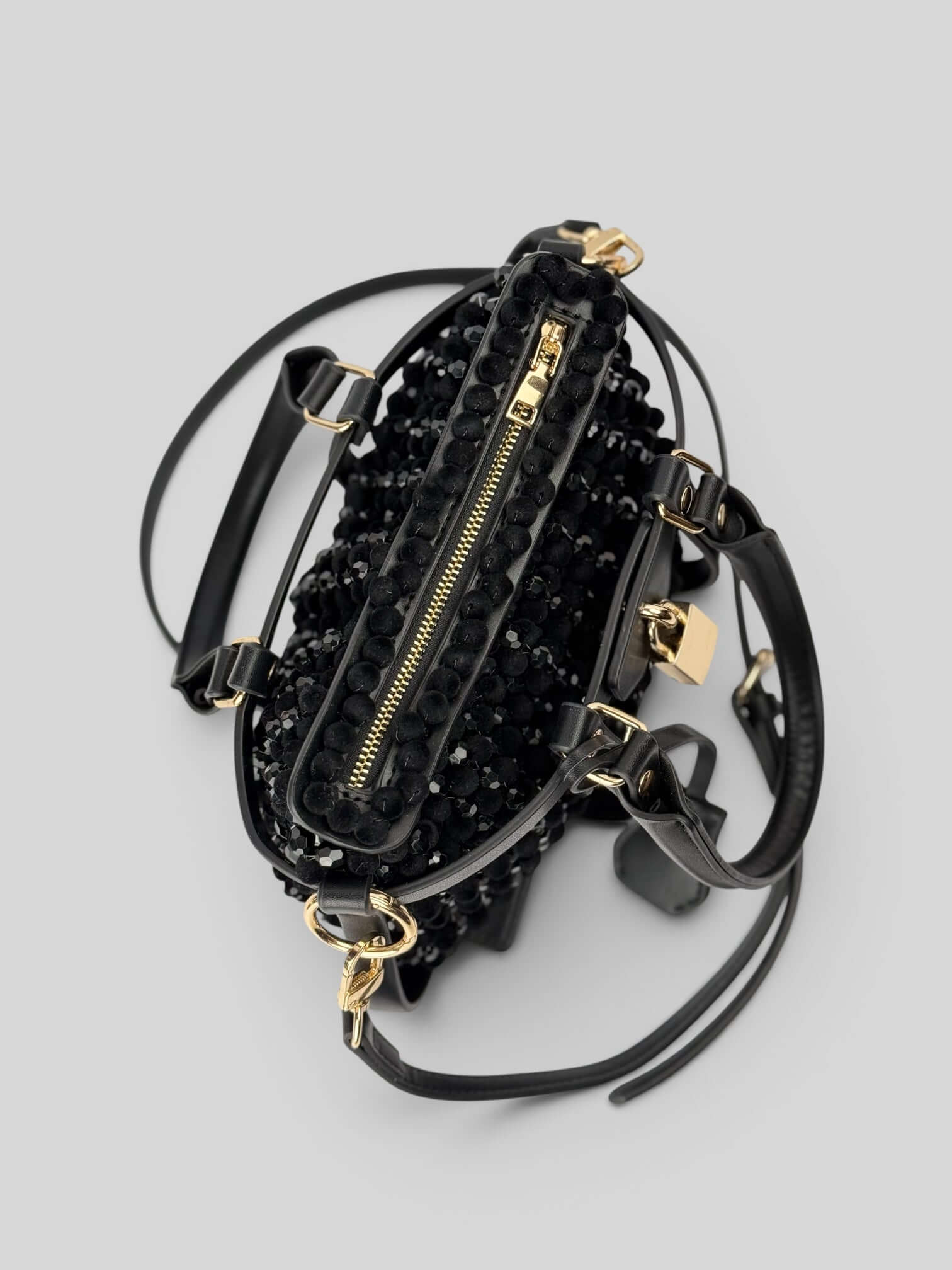 Jasmine luxury handmade designer bag from beads by CATTLEYA.Y top view with zip closure and bead texture