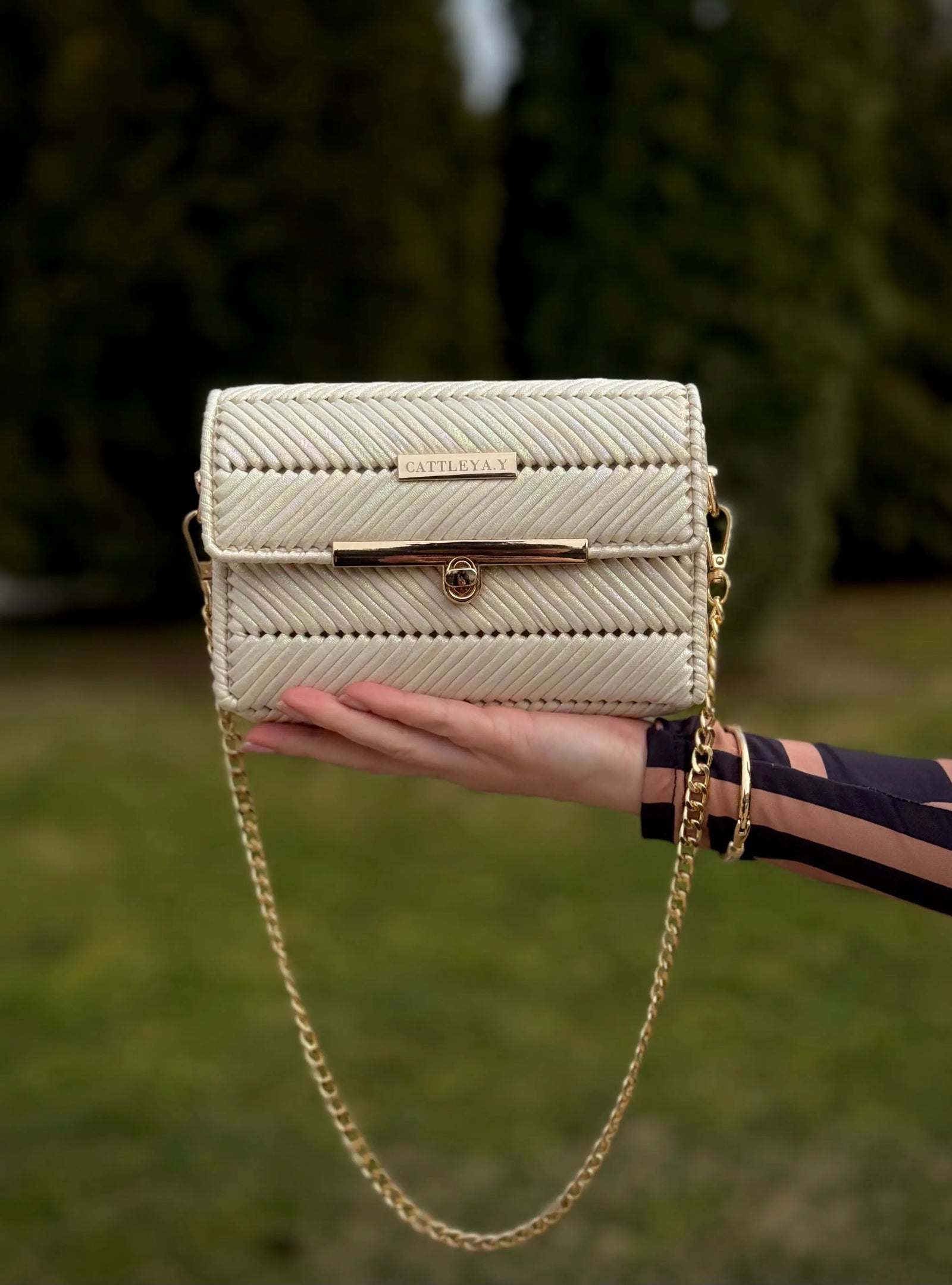 Mermaid Pearl is a pearl chevron luxury handmade designer bag by CATTLEYA.Y front view with gold chain strap