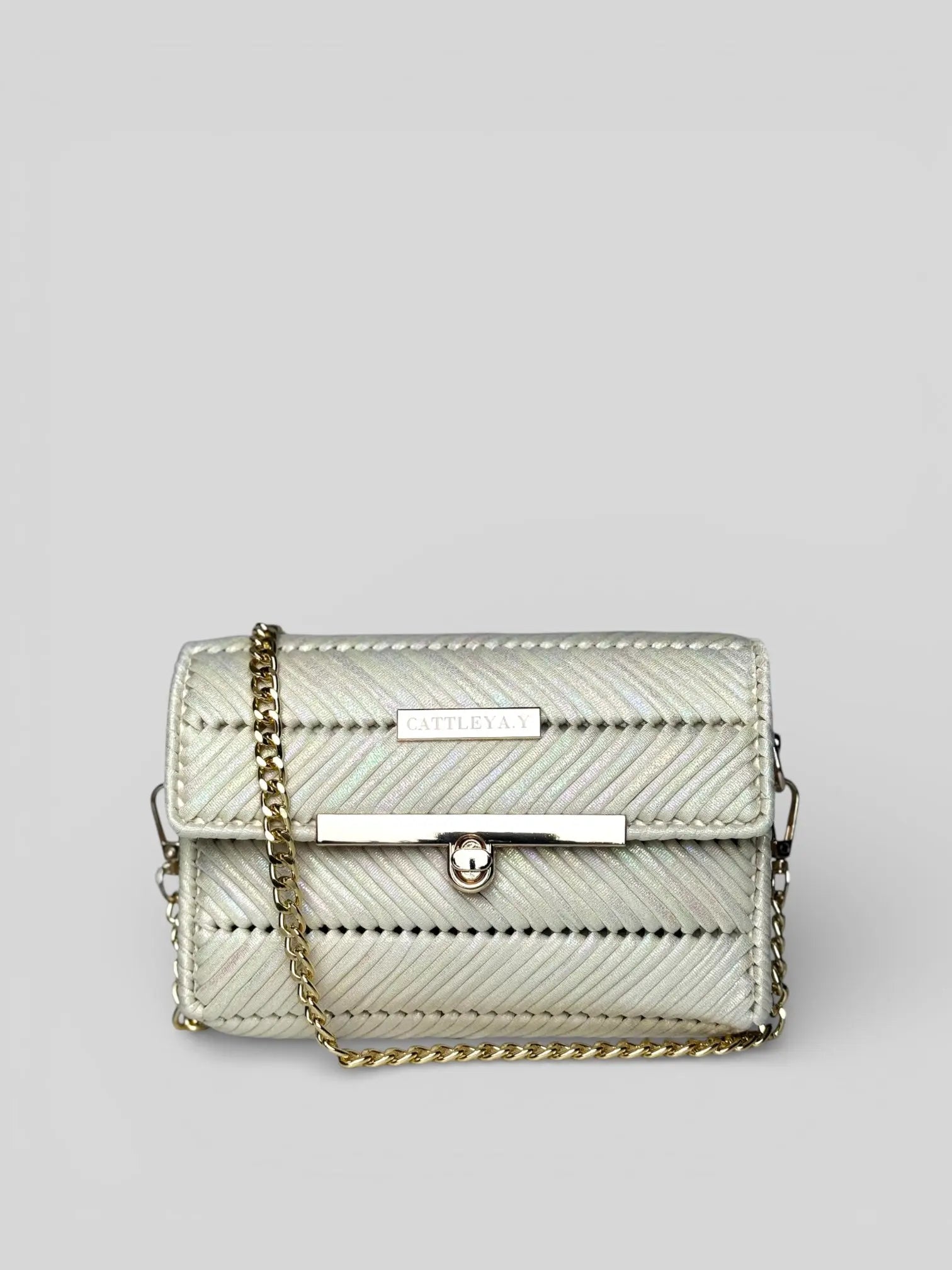Mermaid Pearl pearl chevron luxury handmade designer bag by CATTLEYA.Y. Front view with gold chain strap.