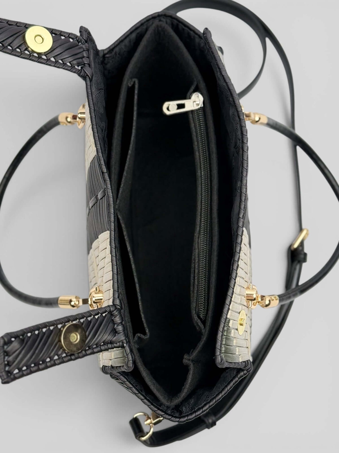 Samantha luxury handmade designer bag interior with built-in organizer compartments by CATTYLEYA.Y