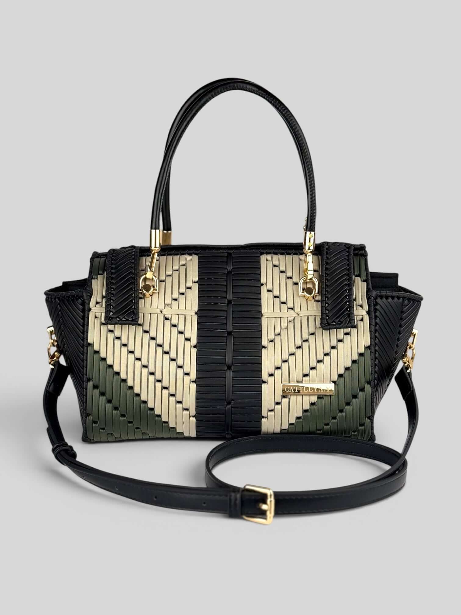 Samantha luxury handmade designer bag by CATTLEYA.Y front view with strap