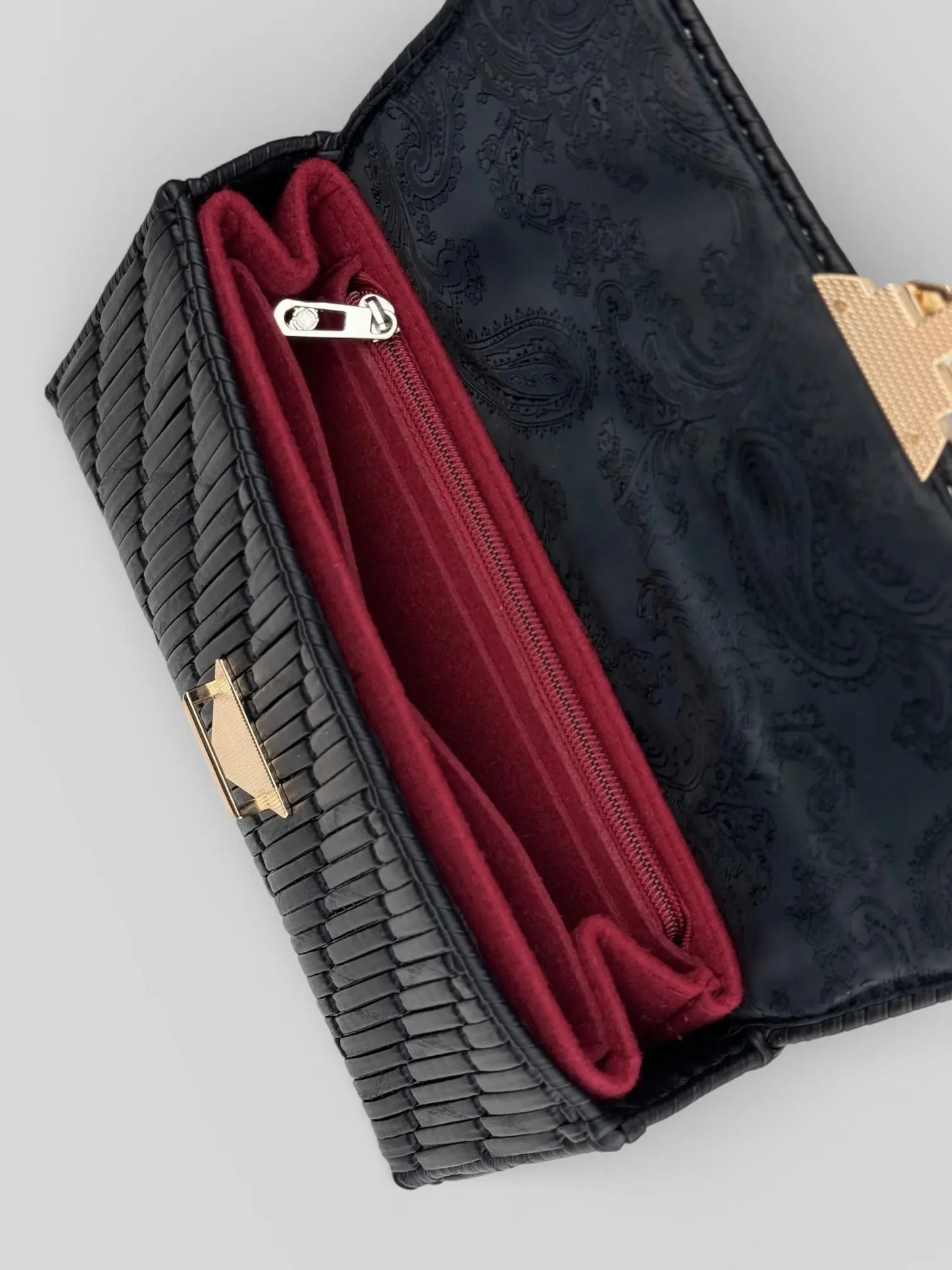 Tiffany is a black luxury handmade designer bag. Interior organizer with zip pocket by CATTLEYA.Y
